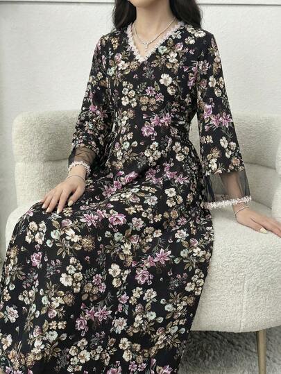SHEIN فستان بنات المراهقات بياقة على شكل حرف V وأكمام ناقصة مع قطع شبكية وخصر مخصر وتنورة على شكل حرف A