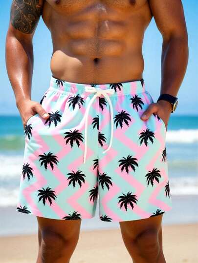 Manfinity Swimmode شورت كاجوال للرجال بجيوب مائلة وخصر بسحاب، مناسب للعطلات والشاطئ