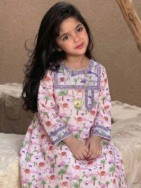 SHEIN فستان طويل الأكمام بطبعة الفلامنجو للفتيات الصغيرات، طراز العطلات، خريفي