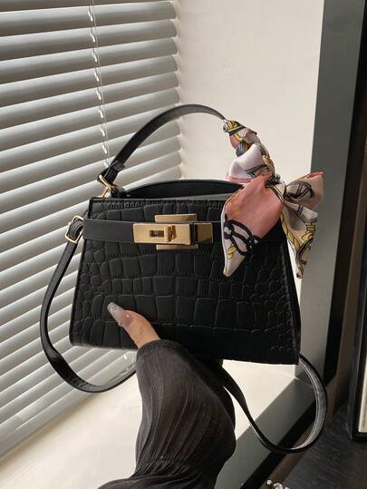 1. حقيبة تسوق مزينة بغطاء وشاح مزخرف بنقش التمساح، حقيبة يد مزخرفة بلون أحادي مع زخرفة قفل معدني، حقيبة كتف صغيرة للاستخدام المنزلي والتسوق والتنقل