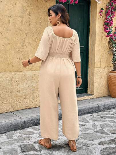 SHEIN LUNE جمبسوت أنيقة بياقة مربعة وأكمام جرس ثلاثية الأرباع وخصر مربوط، جمبسوت فضفاضة مريحة بساق واسعة مناسبة للارتداء اليومي والتنقل والتسوق والعطلات