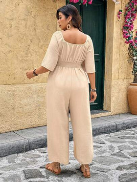 SHEIN LUNE جمبسوت أنيقة بياقة مربعة وأكمام جرس ثلاثية الأرباع وخصر مربوط، جمبسوت فضفاضة مريحة بساق واسعة مناسبة للارتداء اليومي والتنقل والتسوق والعطلات