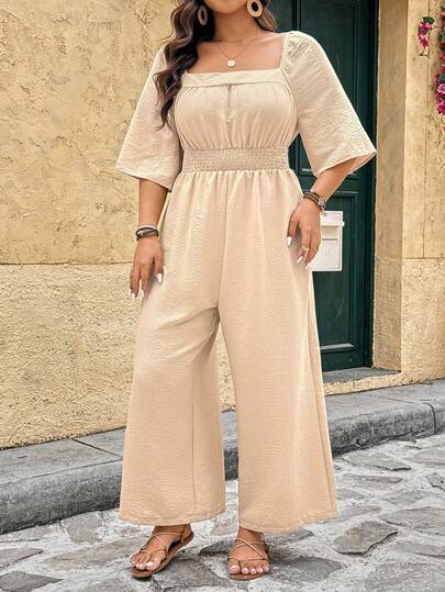 SHEIN LUNE جمبسوت أنيقة بياقة مربعة وأكمام جرس ثلاثية الأرباع وخصر مربوط، جمبسوت فضفاضة مريحة بساق واسعة مناسبة للارتداء اليومي والتنقل والتسوق والعطلات