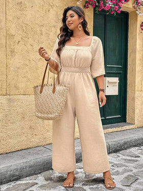 SHEIN LUNE جمبسوت أنيقة بياقة مربعة وأكمام جرس ثلاثية الأرباع وخصر مربوط، جمبسوت فضفاضة مريحة بساق واسعة مناسبة للارتداء اليومي والتنقل والتسوق والعطلات