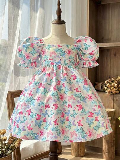 LMoss Kids فستان مطرز بياقة مربعة مناسب للفتاة الصغيرة مصنوع من شبكة منسوجة