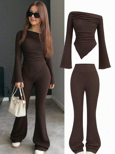 SHEIN مجموعة بنطلون ولباس علوي طويلة الأكمام رمادية مجعدة مناسبة للمراهقات، مجموعة ملابس مريحة للمنزل والخارج والسفر