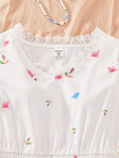 SHEIN فستان بأكمام متموجة مزين بالدانتيل وطبعة زهرية مع ربطة خصر للفتيات المراهقات، مناسب للربيع والصيف