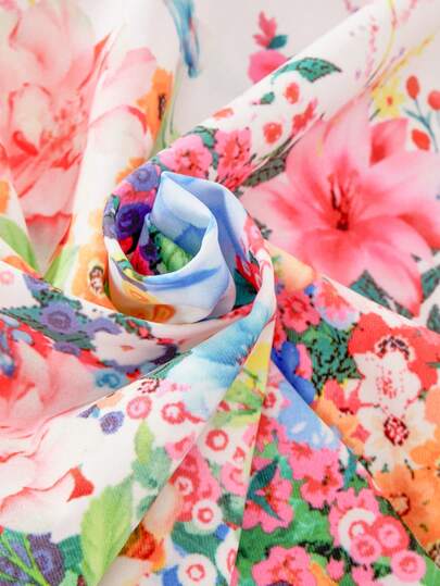 SHEIN فستان بأكمام متموجة مزين بالدانتيل وطبعة زهرية مع ربطة خصر للفتيات المراهقات، مناسب للربيع والصيف