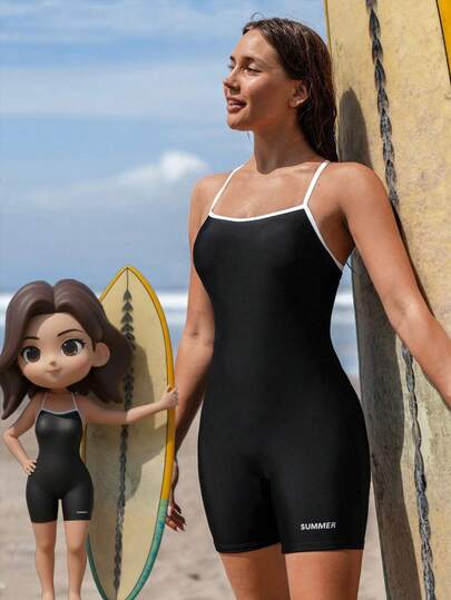 Swim SPRTY بدلة سباحة نسائية ذات حمالات رفيعة ضيقة باللون الأسود، مناسبة للرياضة والسباحة، صيفية