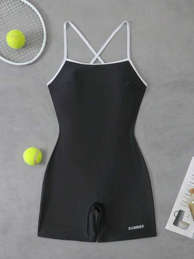 Swim SPRTY بدلة سباحة نسائية ذات حمالات رفيعة ضيقة باللون الأسود، مناسبة للرياضة والسباحة، صيفية