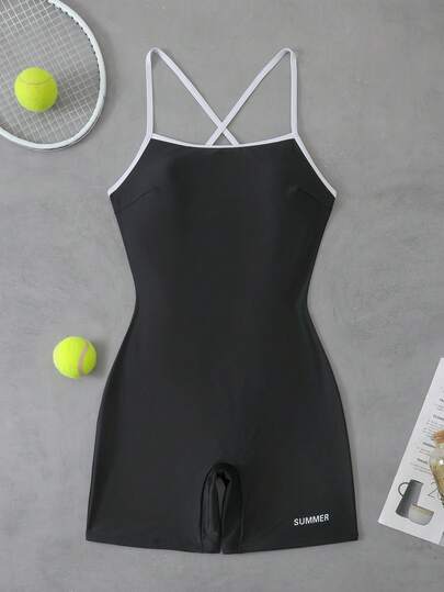 Swim SPRTY بدلة سباحة نسائية ذات حمالات رفيعة ضيقة باللون الأسود، مناسبة للرياضة والسباحة، صيفية