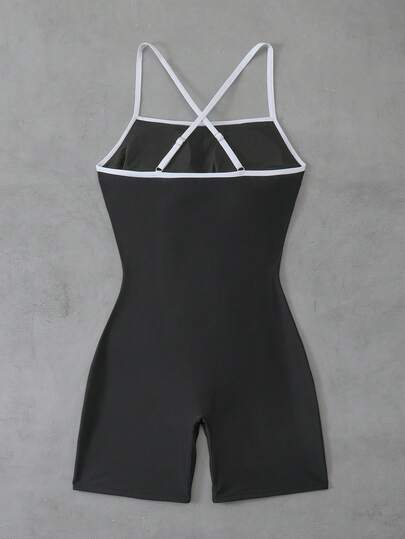 Swim SPRTY بدلة سباحة نسائية ذات حمالات رفيعة ضيقة باللون الأسود، مناسبة للرياضة والسباحة، صيفية