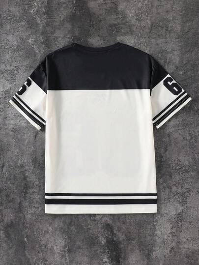 SHEIN Coolqubz تي شيرت كاجوال للأولاد بأكمام قصيرة وياقة مستديرة، مطبوع عليه أرقام وحروف وطباعة غرافيتي، مناسب لرياضة كرة السلة، للاستخدام على مدار السنة