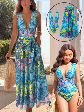 Swim Oasis فستان ماكسي بطبعة زهور أزرق بياقة عميقة على شكل حرف V، ملابس راقية