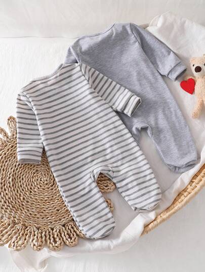 SHEIN Vintaside Kids 2 قطعة رومبير أطفال حديثي الولادة بلون أحادي واخرى مخططة