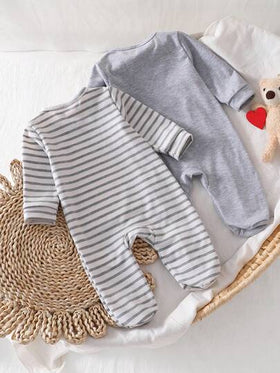SHEIN Vintaside Kids 2 قطعة رومبير أطفال حديثي الولادة بلون أحادي واخرى مخططة