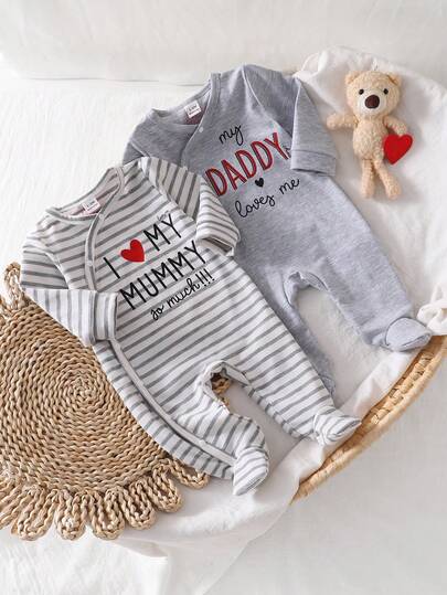 SHEIN Vintaside Kids 2 قطعة رومبير أطفال حديثي الولادة بلون أحادي واخرى مخططة