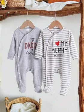 SHEIN Vintaside Kids 2 قطعة رومبير أطفال حديثي الولادة بلون أحادي واخرى مخططة