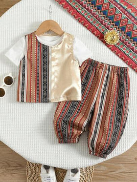 SHEIN طقم جاكيت وبنطال لطفل ذكر بنمط هندسي ملون عتيق مع خصر مطاطي، مناسب للمناسبات الرسمية، حفلات عيد الميلاد، الحفلات الراقصة، الحفلات الكبرى، العروض، حفلات الزفاف، حفلات استقبال المواليد، واحتفالات عيد الميلاد الأول