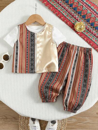 SHEIN طقم جاكيت وبنطال لطفل ذكر بنمط هندسي ملون عتيق مع خصر مطاطي، مناسب للمناسبات الرسمية، حفلات عيد الميلاد، الحفلات الراقصة، الحفلات الكبرى، العروض، حفلات الزفاف، حفلات استقبال المواليد، واحتفالات عيد الميلاد الأول