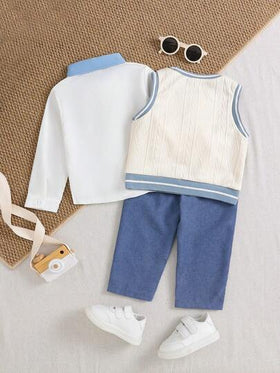 SHEIN Playful Pals 3 قطع طقم ملابس عادية للأولاد الرضع: صدرية الدب + قميص أبيض بأكمام طويلة + بنطلون جينز، سترة صدرية قديمة ذات طراز رجعي مع ملابس علوية ذو ياقة وأزرار فردية وجينز مغسول، مناسب للارتداء اليومي في فصل الخريف/الشتاء وللعودة إلى المدرسة، بطرا