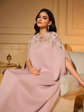 رمضان رداء طويل أنيق باللون الوردي، مزين بتطريزات من الخرز، ياقة دائرية وأكمام خفاش، قماش منسوج، مناسب للملابس الرسمية