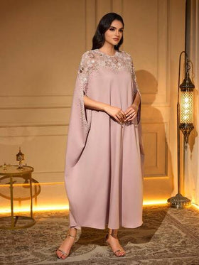 رمضان رداء طويل أنيق باللون الوردي، مزين بتطريزات من الخرز، ياقة دائرية وأكمام خفاش، قماش منسوج، مناسب للملابس الرسمية