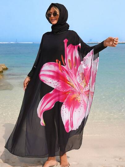 Swim Mulvari ملابس شاطئ لإجازة الصيف للنساء، بلوزة شبكية مزخرفة بزهور الزنبق