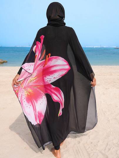Swim Mulvari ملابس شاطئ لإجازة الصيف للنساء، بلوزة شبكية مزخرفة بزهور الزنبق