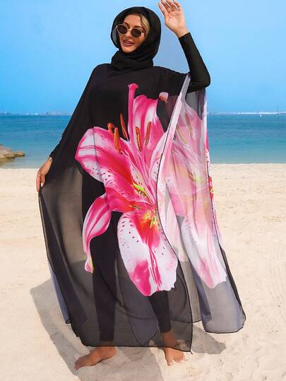 Swim Mulvari ملابس شاطئ لإجازة الصيف للنساء، بلوزة شبكية مزخرفة بزهور الزنبق