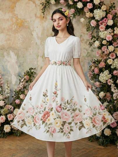 SHEIN رمضان فستان طباعة زهرية منسوج أنيق بياقة على شكل حرف V وأكمام منتفخة، فستان ماكسي كاجوال للمراهقات والفتيات، مناسب للارتداء اليومي والعطلات والأوقات الحرة