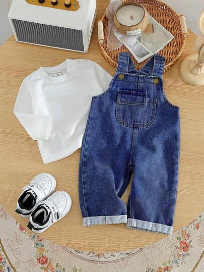 SHEIN Vintaside Kids مجموعة من قطعتين لملابس أطفال الأولاد الرضع، تتكون من قميص كاجوال بلون أحادي وبنطال جينز بيب