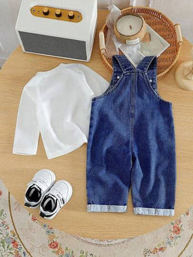 SHEIN Vintaside Kids مجموعة من قطعتين لملابس أطفال الأولاد الرضع، تتكون من قميص كاجوال بلون أحادي وبنطال جينز بيب