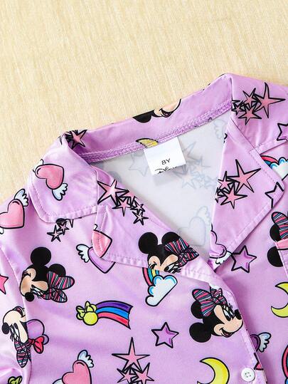 Disney طقم قميص أكمام قصيرة مع ياقة منقلبة وأزرار + بنطال طويل بخصر مطاطي للفتيات الصغيرات، ملابس صيفية مريحة للأطفال مناسبة للارتداء اليومي والمنزلي