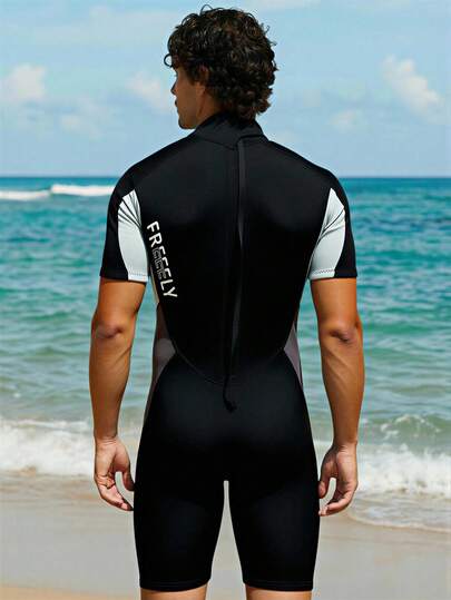 Manfinity Swimmode بدلة سباحة رجالية بياقة ذات لون متباين وأكمام راجلان مناسبة للياقة، مناسبة للشاطئ