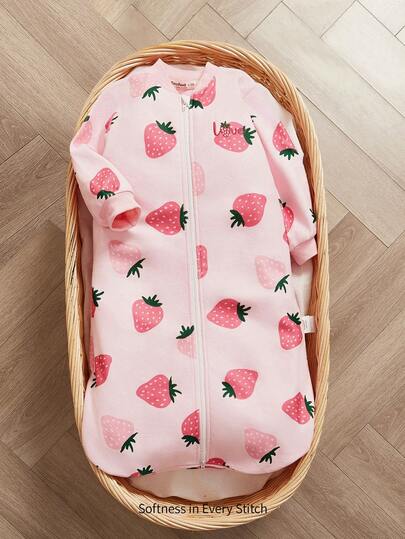 Cozy Pixies كيس نوم طويل الأكمام رقيق مطرز بنقشة الفراولة مناسب للاستخدام في الربيع والصيف، قطعة واحدة