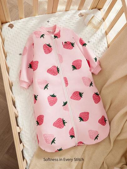 Cozy Pixies كيس نوم طويل الأكمام رقيق مطرز بنقشة الفراولة مناسب للاستخدام في الربيع والصيف، قطعة واحدة