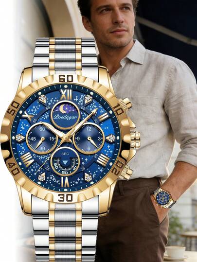 POEDAGAR ساعة يد رجالية كوارتز من الفولاذ المقاوم للماء مضيئة مع علبة هدية