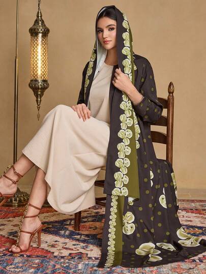 Al Najma عباءة نسائية كاجوال أنيقة للارتداء اليومي، بتصميم نقاط وطباعة زهرية مع وشاح، كم طويل فضفاض