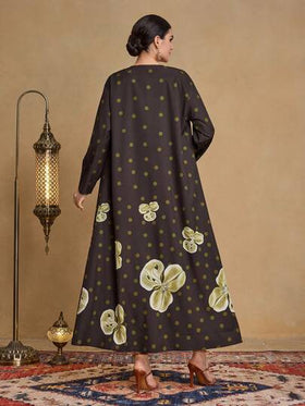 Al Najma عباءة نسائية كاجوال أنيقة للارتداء اليومي، بتصميم نقاط وطباعة زهرية مع وشاح، كم طويل فضفاض