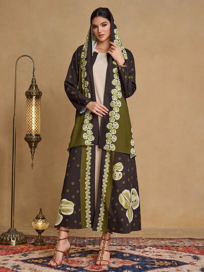 Al Najma عباءة نسائية كاجوال أنيقة للارتداء اليومي، بتصميم نقاط وطباعة زهرية مع وشاح، كم طويل فضفاض
