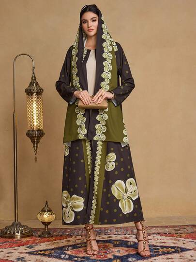 Al Najma عباءة نسائية كاجوال أنيقة للارتداء اليومي، بتصميم نقاط وطباعة زهرية مع وشاح، كم طويل فضفاض