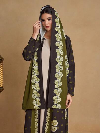Al Najma عباءة نسائية كاجوال أنيقة للارتداء اليومي، بتصميم نقاط وطباعة زهرية مع وشاح، كم طويل فضفاض