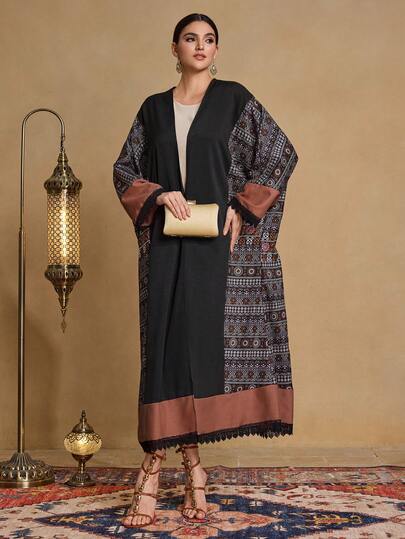Al Najma رمضان كارديجان طويل فضفاض مزين بالدانتيل والطباعة المرقعة للنساء