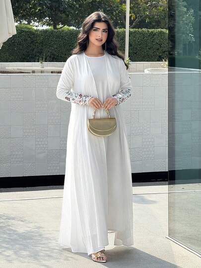 Yasmyna رمضان عباءة أنيقة للنساء بأكمام طويلة مزينة بالترتر والرقعات الزهرية