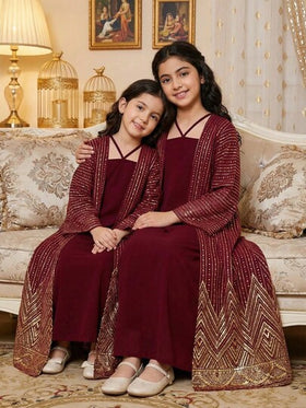 SHEIN طقم جاكيت وفستان للبنات المراهقات، قماش ذو ملمس مع طباعة معدنية، مريح، أنيق ومظهر فاخر