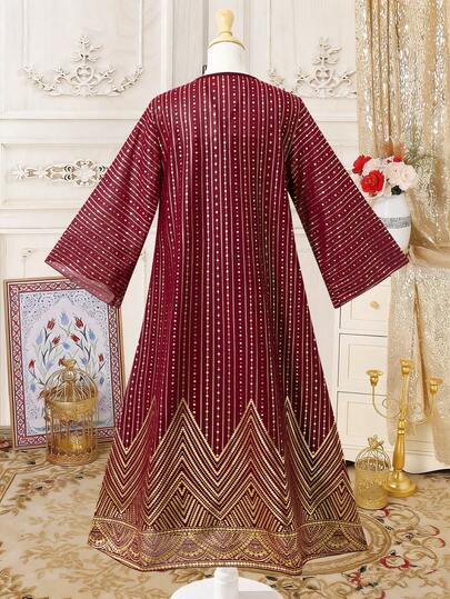SHEIN طقم جاكيت وفستان للبنات المراهقات، قماش ذو ملمس مع طباعة معدنية، مريح، أنيق ومظهر فاخر