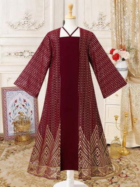 SHEIN طقم جاكيت وفستان للبنات المراهقات، قماش ذو ملمس مع طباعة معدنية، مريح، أنيق ومظهر فاخر