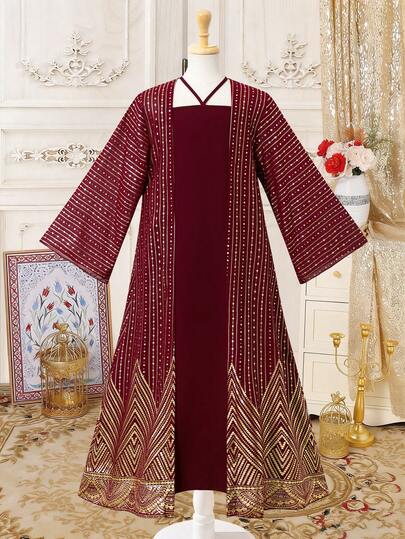 SHEIN طقم جاكيت وفستان للبنات المراهقات، قماش ذو ملمس مع طباعة معدنية، مريح، أنيق ومظهر فاخر