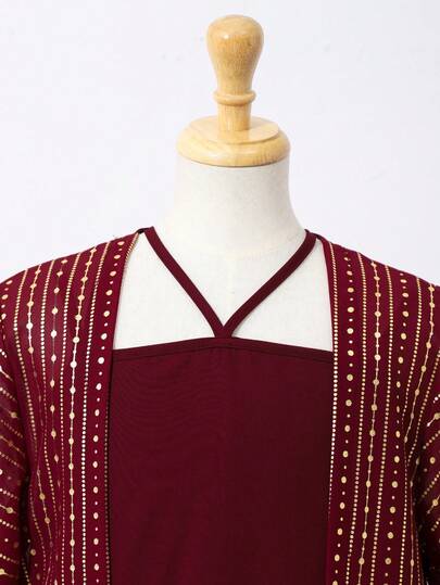 SHEIN طقم جاكيت وفستان للبنات المراهقات، قماش ذو ملمس مع طباعة معدنية، مريح، أنيق ومظهر فاخر